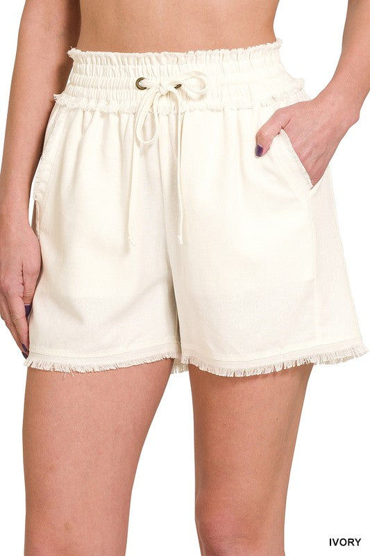 Zenana Linen Frayed Hem Drawstring Shorts with Pockets