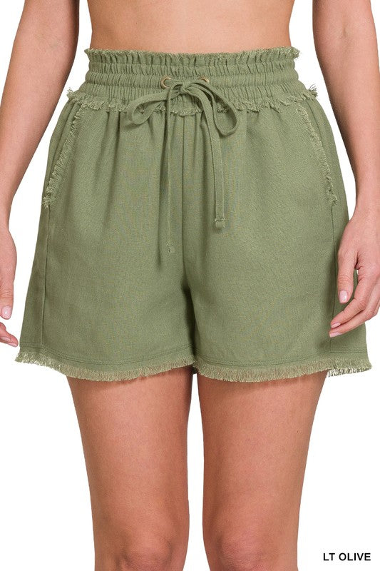 Zenana Linen Frayed Hem Drawstring Shorts with Pockets