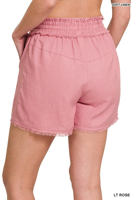 Zenana Linen Frayed Hem Drawstring Shorts with Pockets
