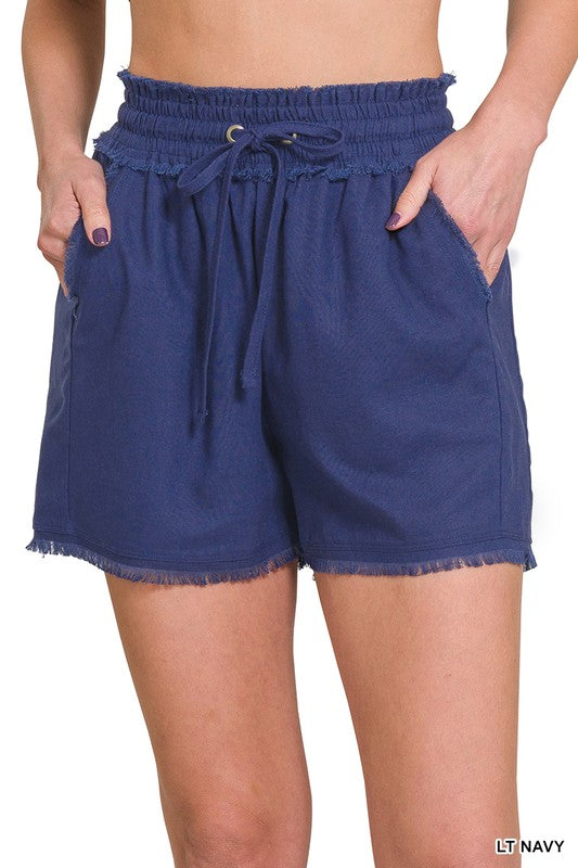 Zenana Linen Frayed Hem Drawstring Shorts with Pockets