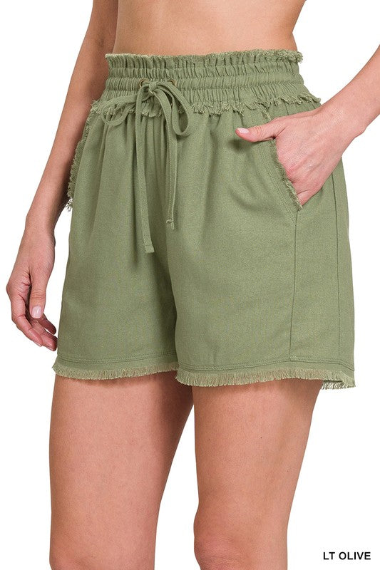 Zenana Linen Frayed Hem Drawstring Shorts with Pockets