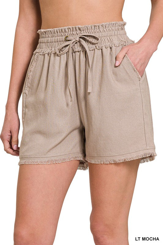 Zenana Linen Frayed Hem Drawstring Shorts with Pockets