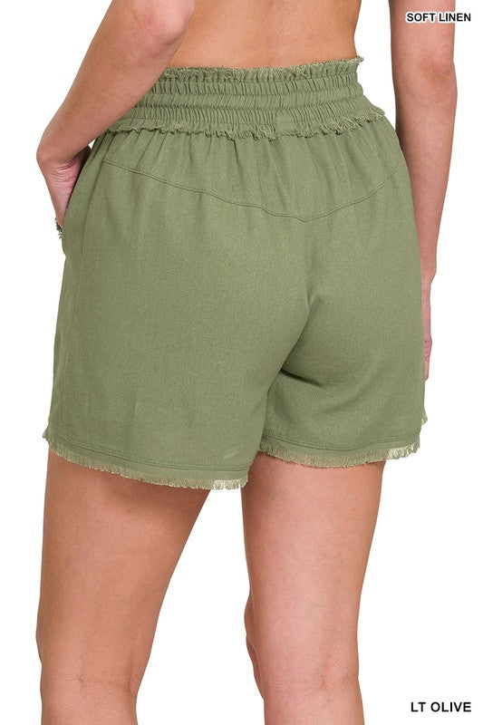 Zenana Linen Frayed Hem Drawstring Shorts with Pockets