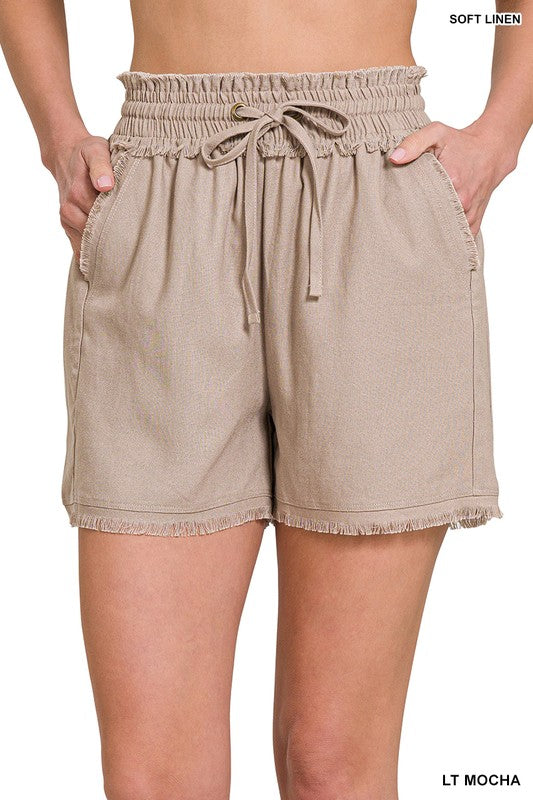 Zenana Linen Frayed Hem Drawstring Shorts with Pockets