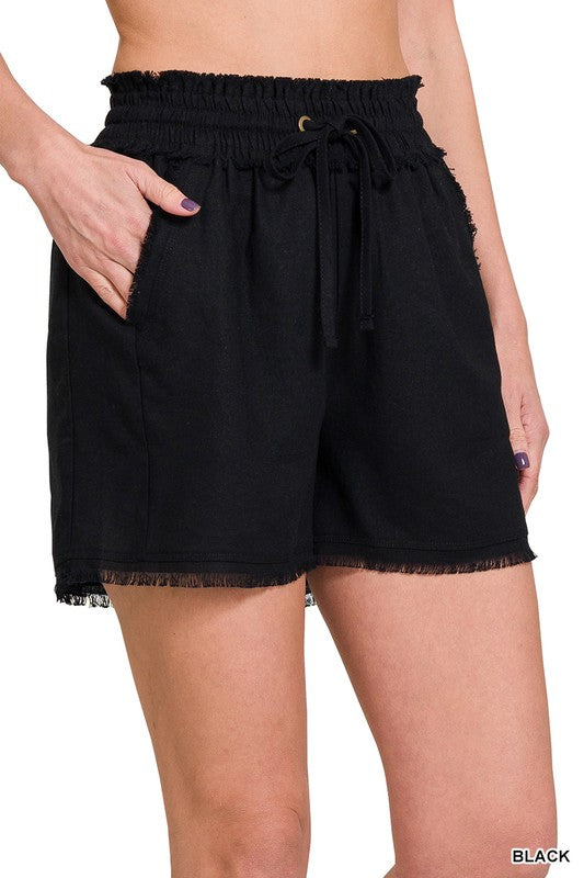 Zenana Linen Frayed Hem Drawstring Shorts with Pockets