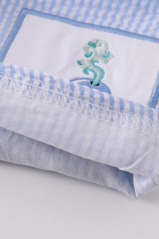 Blue seersucker whale embroidery boy swim trunk