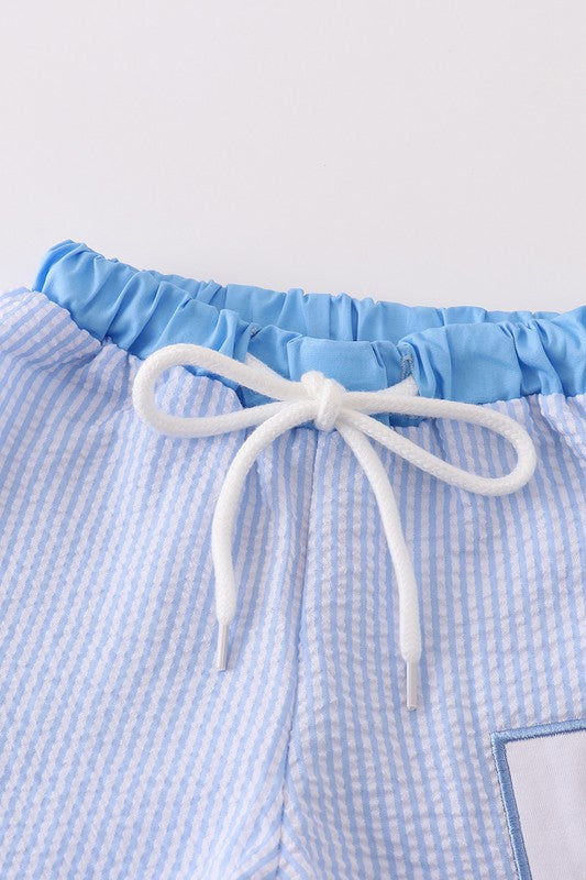 Blue seersucker whale embroidery boy swim trunk