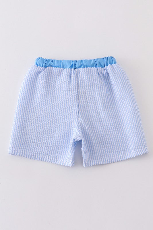 Blue seersucker whale embroidery boy swim trunk