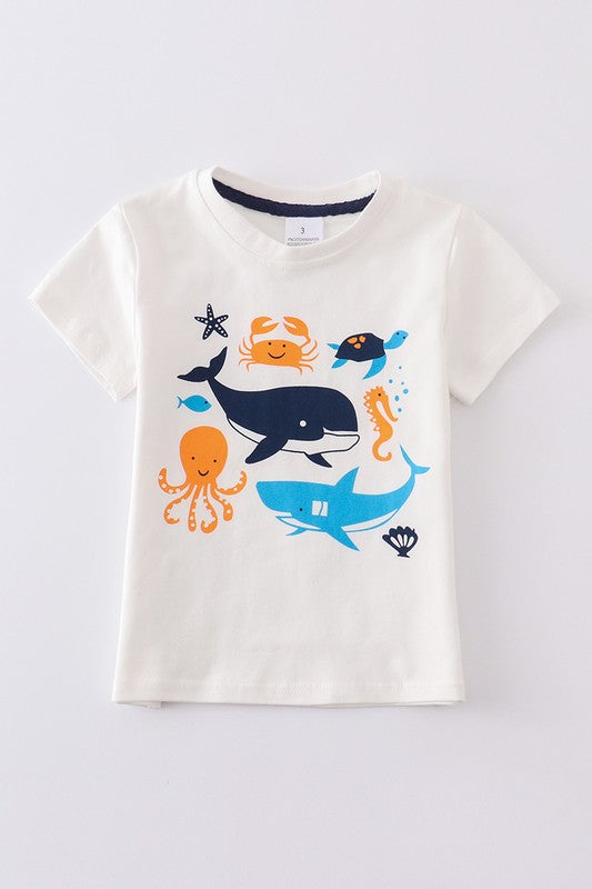 White marine creature print boy top