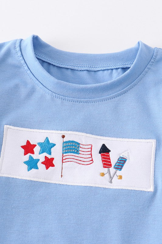Blue patriotic flag embroidery boy top