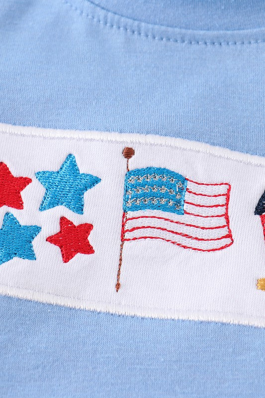 Blue patriotic flag embroidery boy top