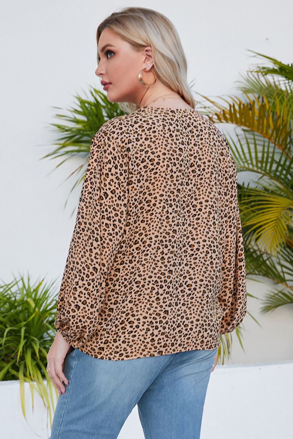 Animal Print Balloon Sleeve V-Neck Blouse