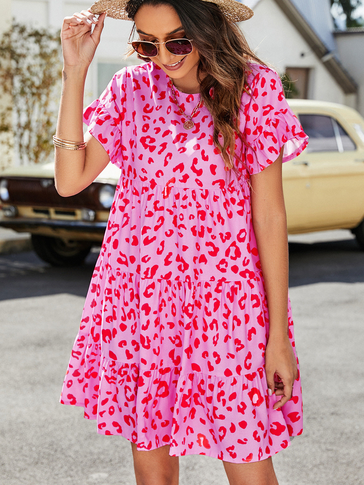 Short Flounce Sleeve Tiered Dress