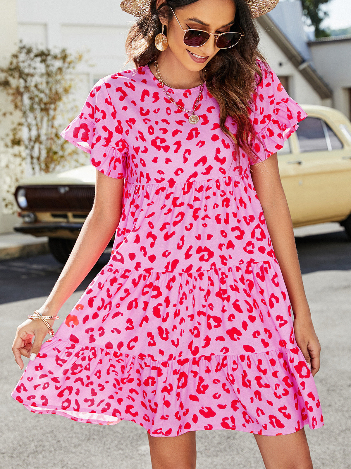 Short Flounce Sleeve Tiered Dress
