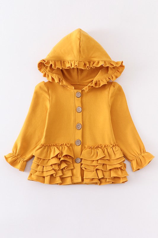 Mustard ruffle button down hoodie jacket