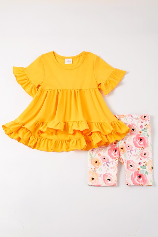 Mustard floral print ruffle girl set