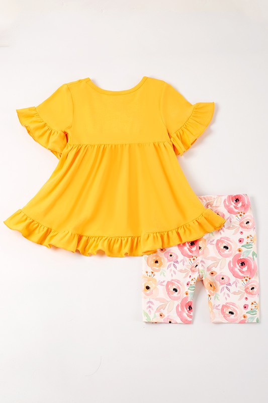 Mustard floral print ruffle girl set