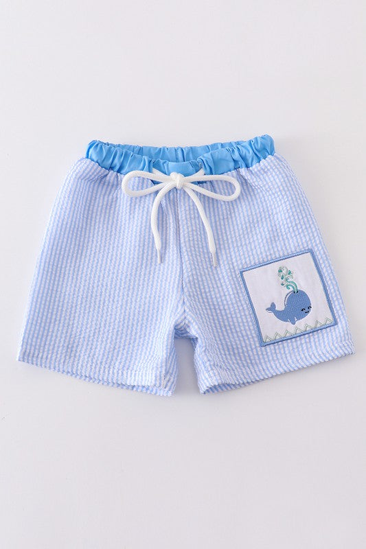 Blue seersucker whale embroidery boy swim trunk