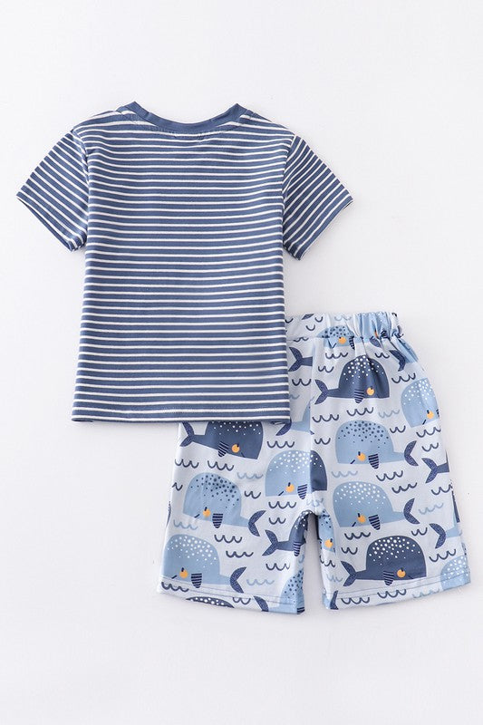 Navy stripe whale boy set