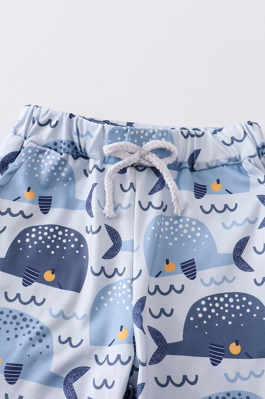 Navy stripe whale boy set