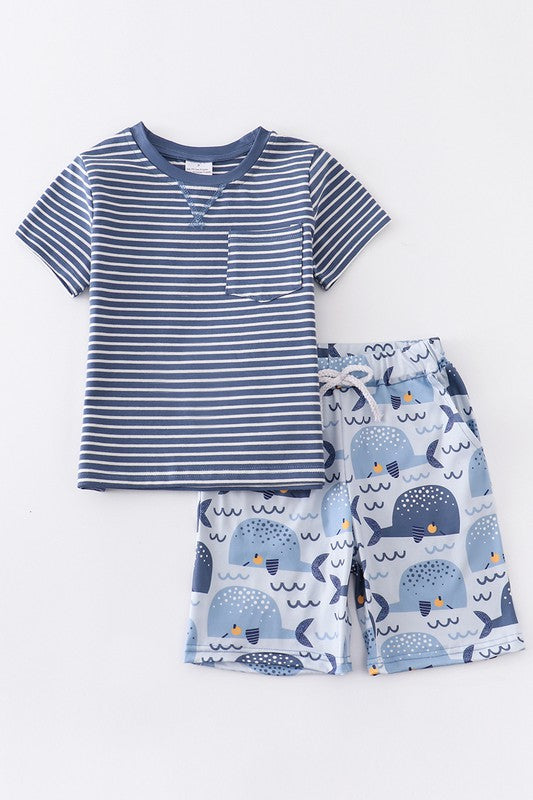 Navy stripe whale boy set