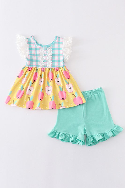 Mint plaid apple print ruffle girl set