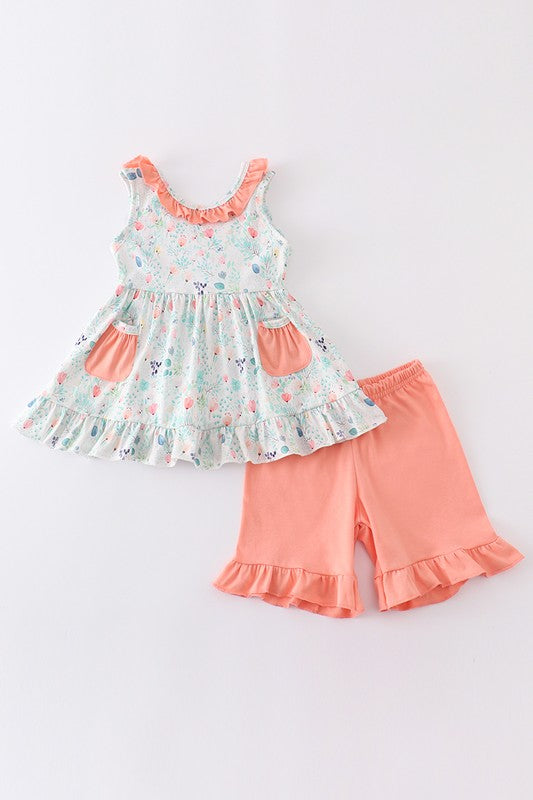 Green floral print pocket ruffle girl set