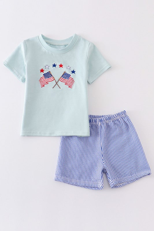 Blue patriotic flag embroidery boy set