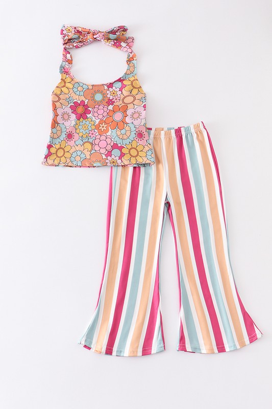 Floral print stripe girl bell pant set