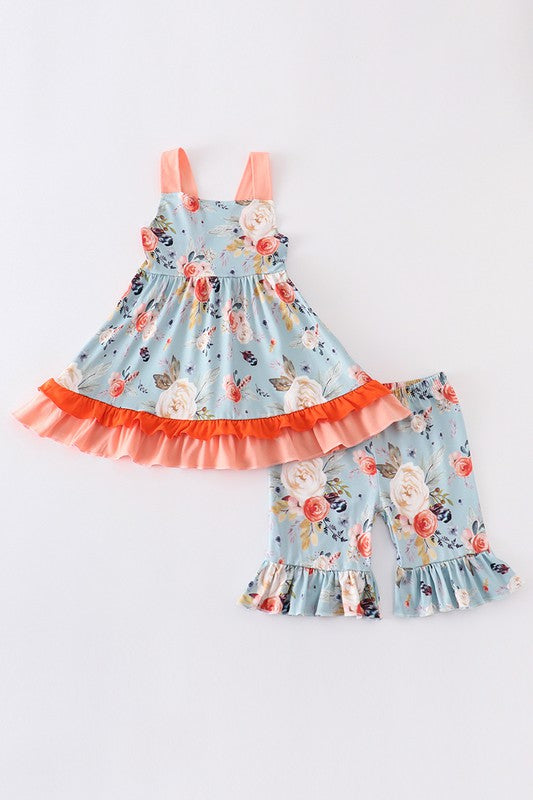 Blue floral print strap ruffle girl set