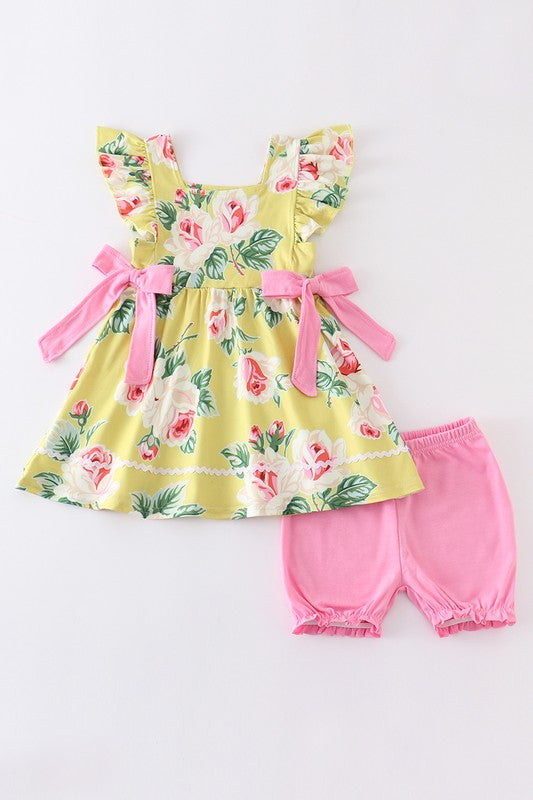 Mustard floral print ruffle girl set