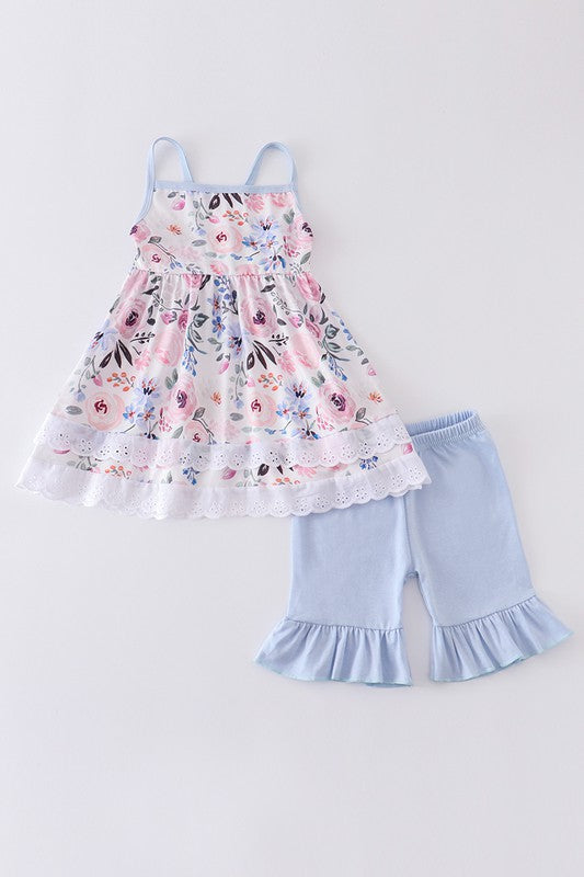 White floral print ruffle girl set