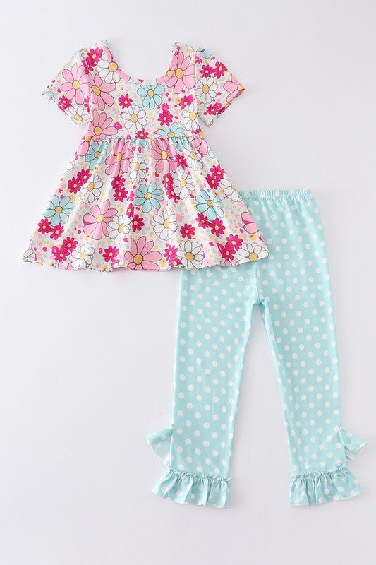 Mint floral print ruffle girl pant set