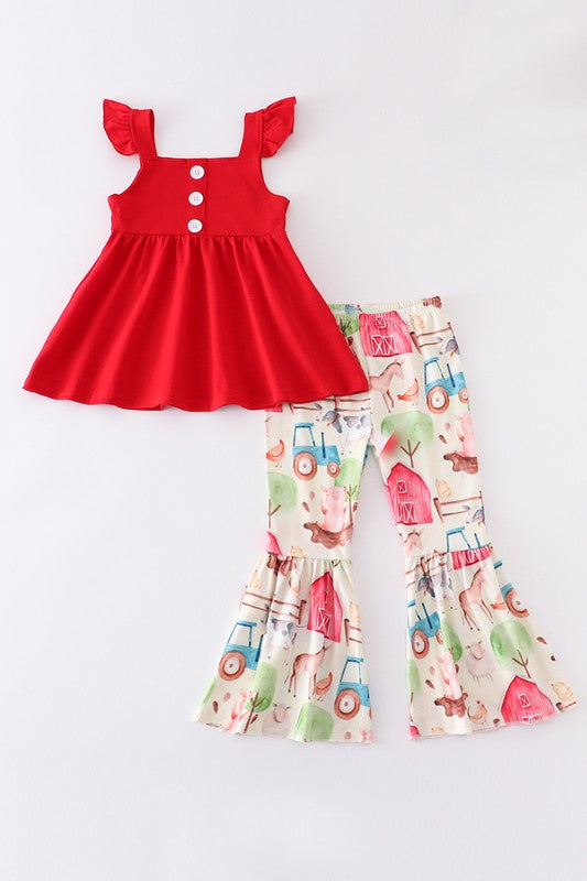 Red farm ruffle bell pant girl set