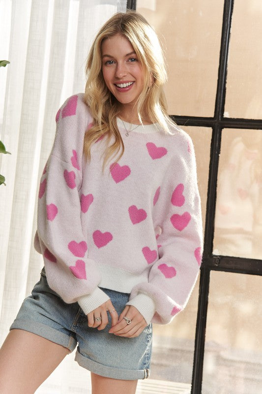 Heart Round Neck Drop Shoulder Sweater