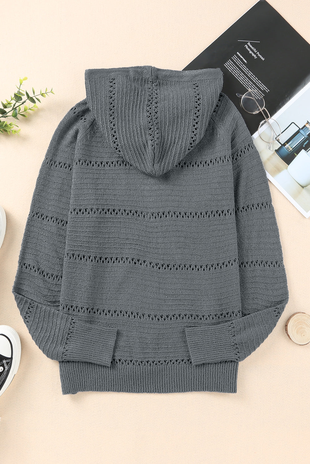 Zip-Up Raglan Sleeve Openwork Hooded Cardigan