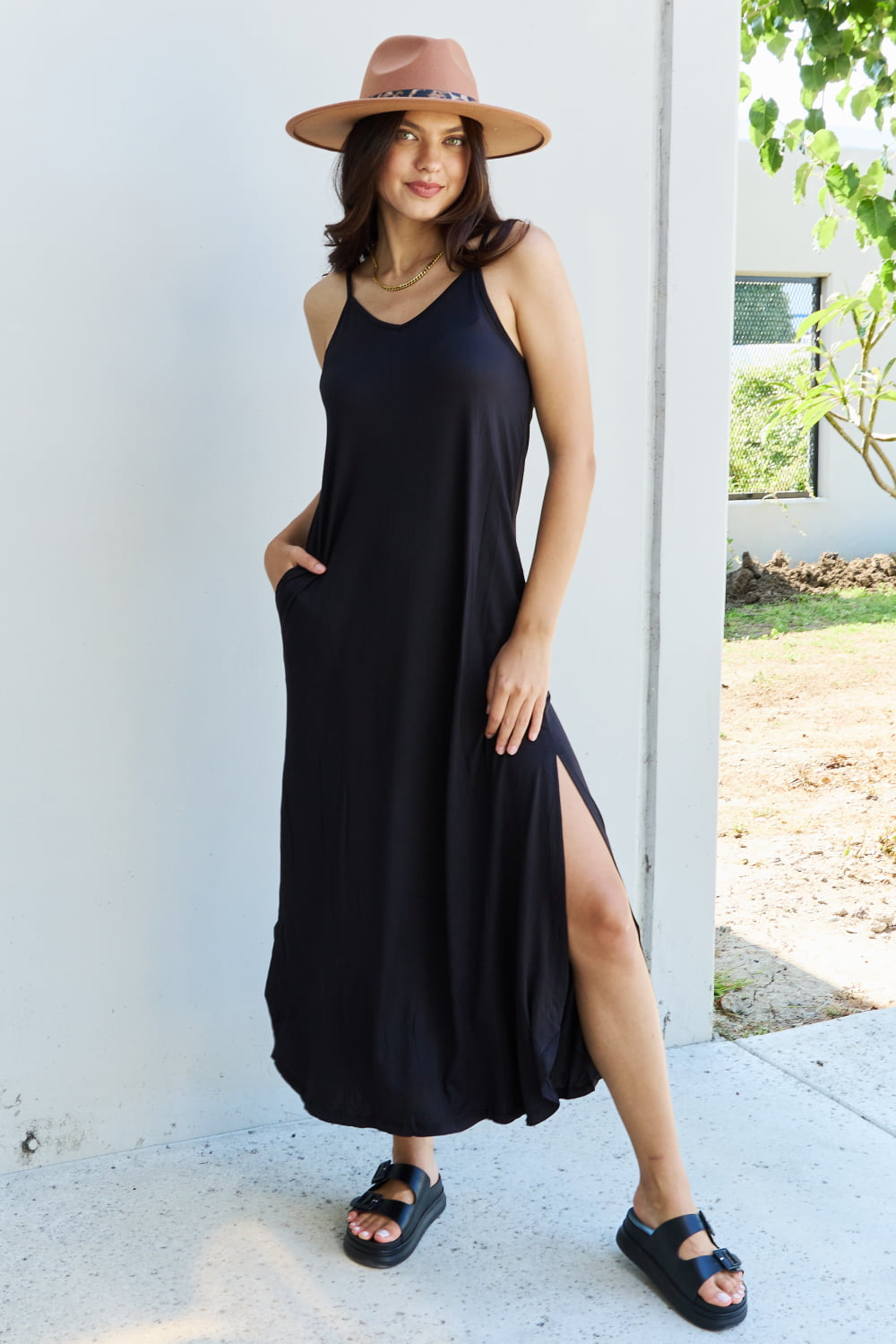 Good Energy Side Slit Maxi Dress in Black