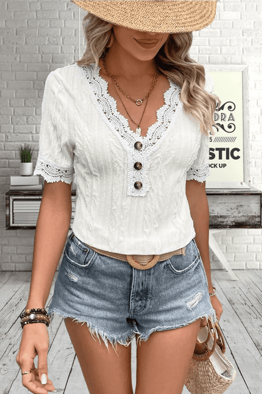 Buttoned V-Neck Lace Trim Top