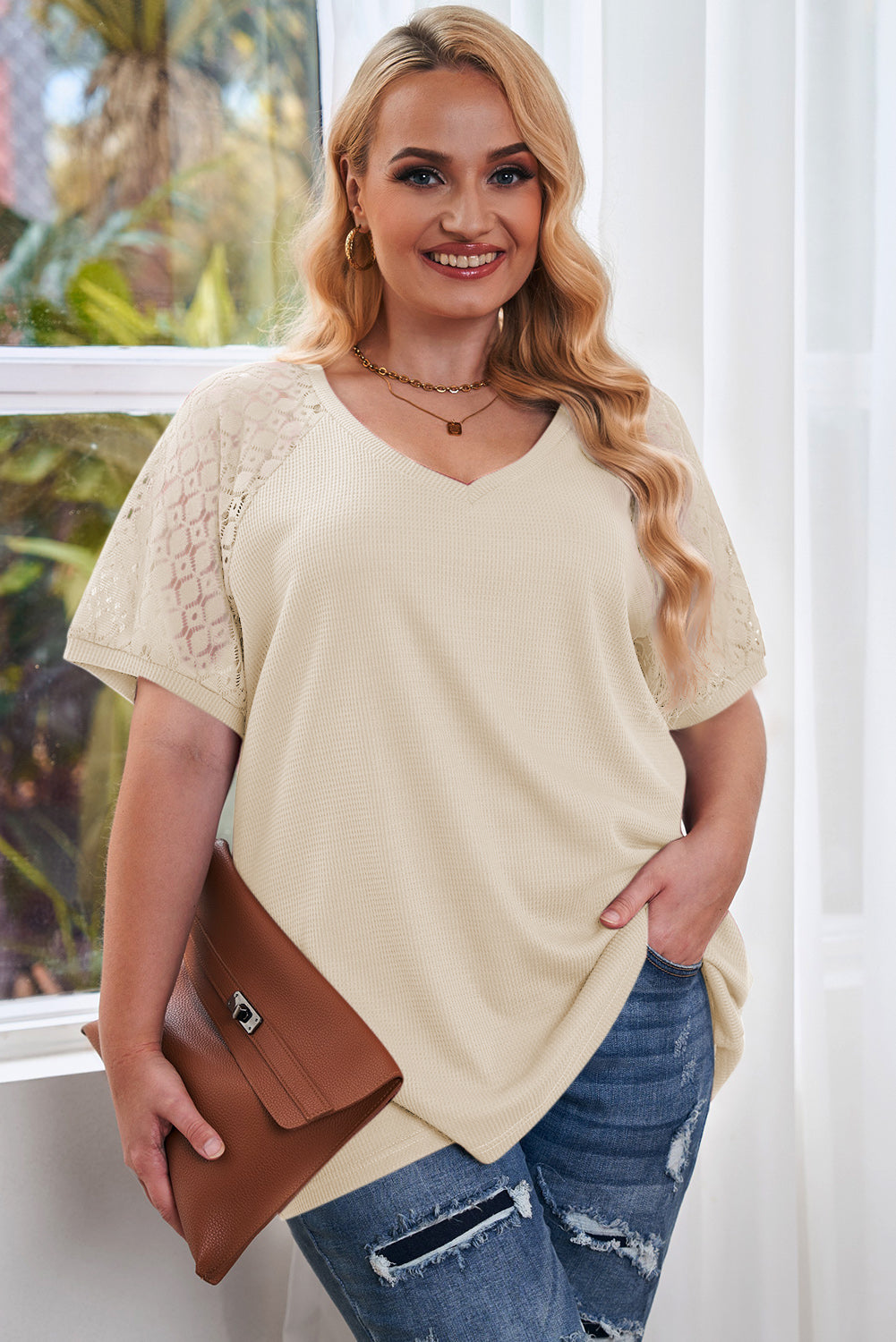 Spliced Lace V-Neck Top