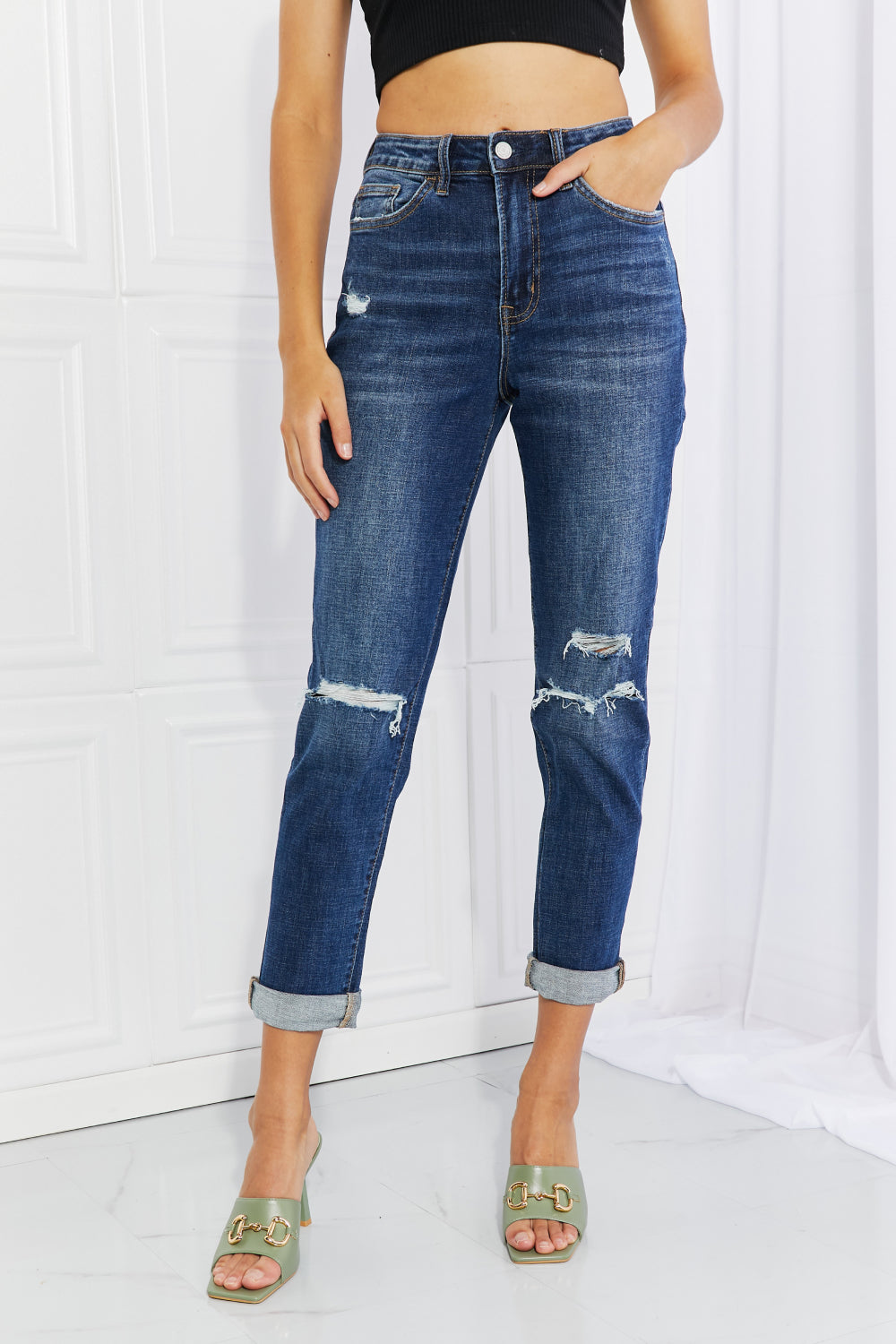 Vervet by Flying Monkey Full Size Distressed Cropped Jeans with Pockets