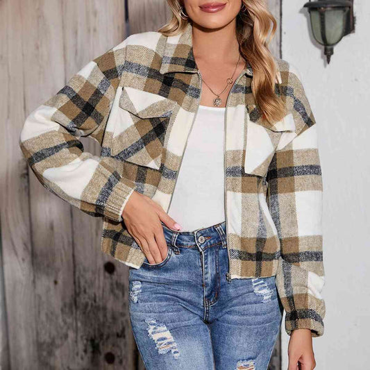 Plaid Zip-Up Collared Jacket