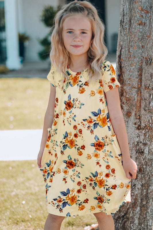 Girls Floral Round Neck Short Sleeve Dress with Pockets