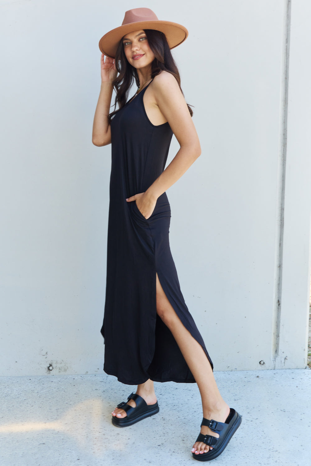 Good Energy Side Slit Maxi Dress in Black