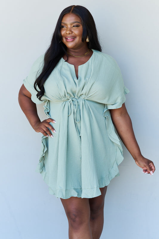 Out Of Time Ruffle Hem Dress with Drawstring Waistband in Light Sage