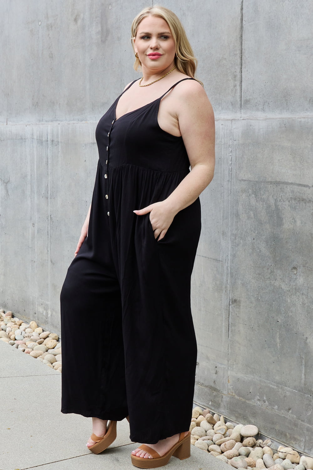 All Day Wide Leg Button Down Jumpsuit in Black