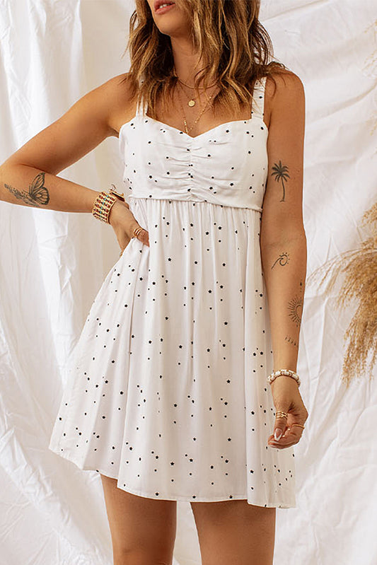 Star Print Ruched Sleeveless Mini Dress