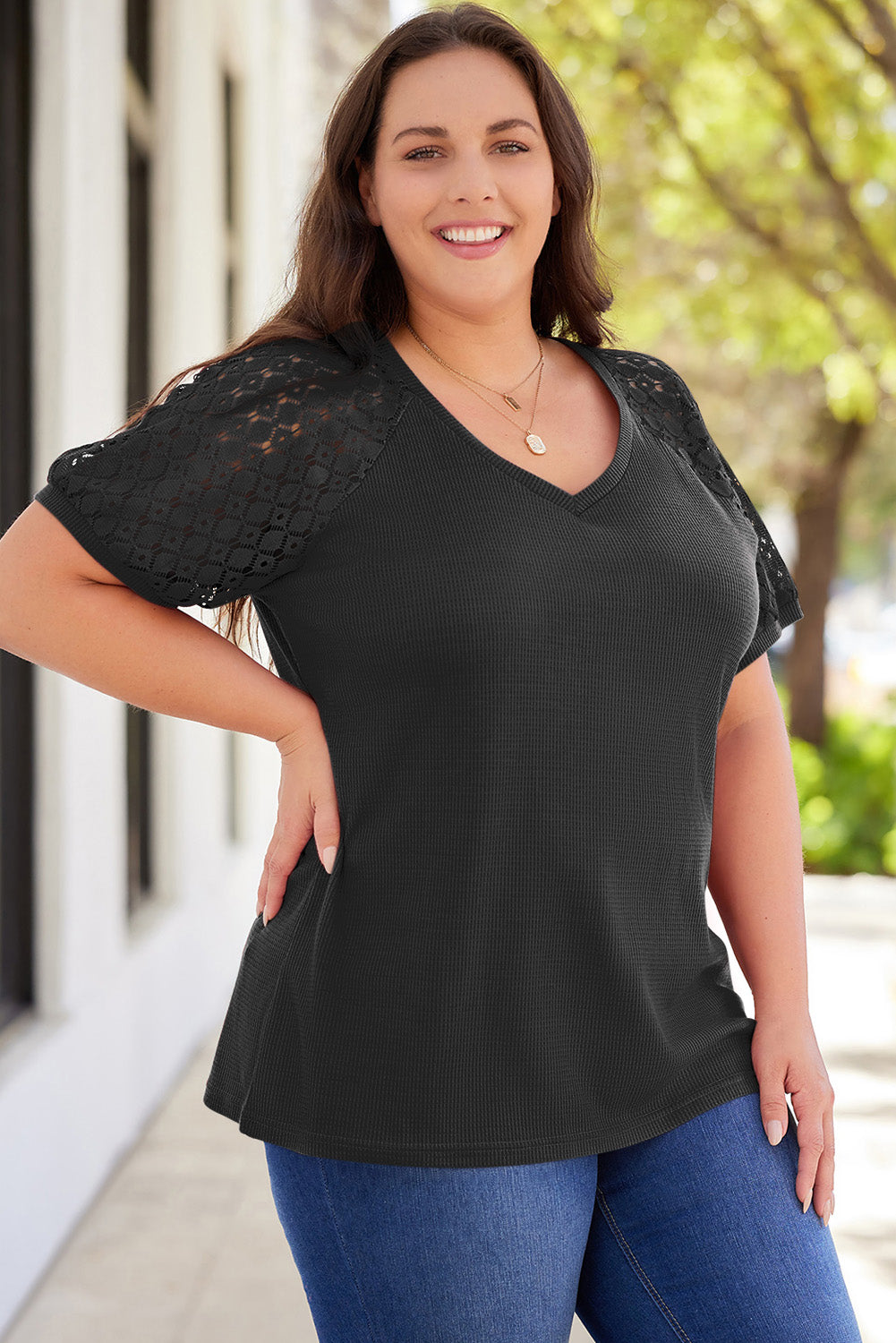 Spliced Lace V-Neck Top